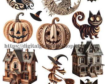 halloween paper crafts cut outs digital collage sheets download witches pumpkins cats clipart printable die cuts