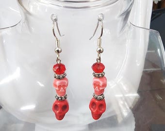 red sugar skull earrings skull bead drops long dangles day of the dead handmade jewelry