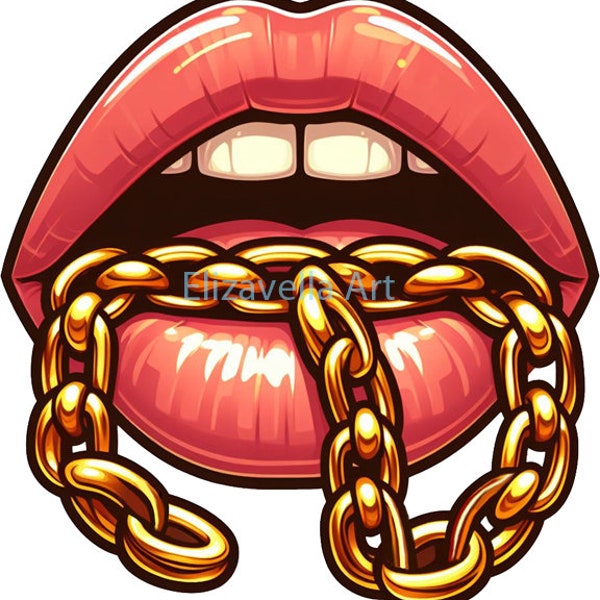 womans red lips with gold chain png Womans mouth png clipart jpg printable makeup wall art digital instant download