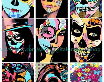 printable day of the dead sugars skulls people art clipart 2.5" x 3.5" digital collage sheet, tags, lables, cards, aceo, instant download