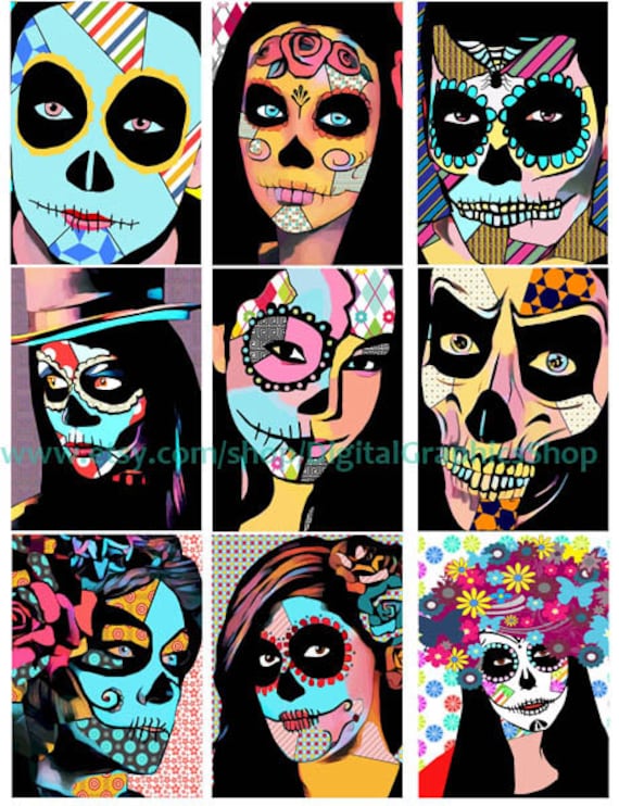 printable day of the dead sugars skulls people art clipart 2.5" x 3.5" digital collage sheet, atc, cards, aceo, printable, instant download