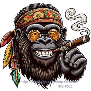 May include: A cartoon illustration of a smiling gorilla wearing a headband with colourful flowers and round sunglasses, holding a lit cigar in its right hand.