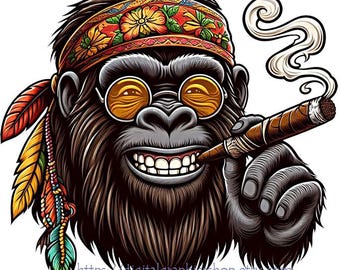 happy hippy gorilla smoking pot cigar png, jpg, animal clipart, color illustration printable art, digital instant download