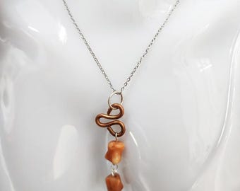 copper wire orange stone bead NECKLACE silvertone chain handmade jewelry