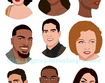 black and white cartoon people men women faces clipart digital print instant download collage sheet craft printables