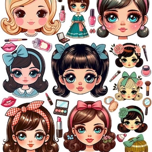 1950s 1960s Doll faces makeup collage sheet clipart digital print download for junk journals scrapbooking decoupage