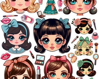 1950s 1960s Doll faces makeup collage sheet clipart digital print download for junk journals scrapbooking decoupage