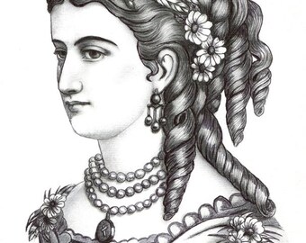 victorian Womans face portrait ink drawing hand drawn original art, curly hair do