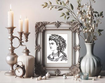 victorian Womans face portrait ink drawing hand drawn original art, curly hair do NOT AI