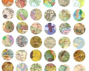 digital collage sheet, vintage world maps, clipart, instant download print, 1 inch circles, printable images,