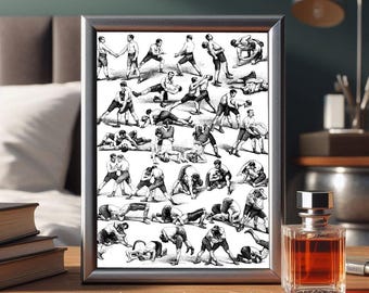 wrestling positions sports art print wrestler moves black & white 1800s vintage art illustration