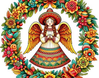 Mexican girl angel flower wreath png clipart, lady wearing sombrero hat png jpg  COLOR ILLUSTRATION art digital print download