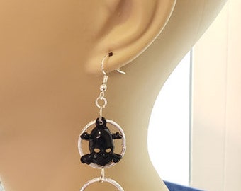 black skull chandelier earrings cross bones spike charms plastic bead hoops halloween pirate jewelry handmade cosplay