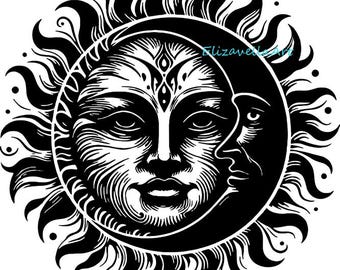 sun moon face silhouette art png jpg printable celestial art ink drawing clipart instant download, digital print