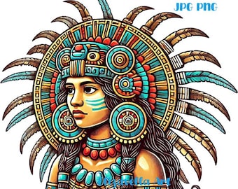 Aztec princess warrior woman png, jpg clipart printable Mexican indian folk art, mexico people, instant download, digital print