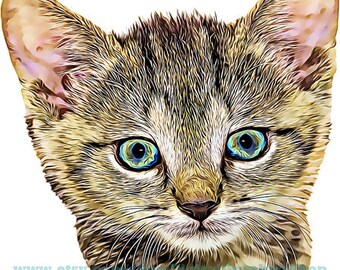 tiger kitten, blue eyes, tabby Cat art png, jpg, digital print, svg, instant download, illustrations, animal clipart, pets, transfer images