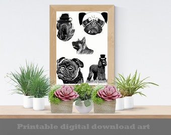 pet art portraits, dog breeds collage sheet printable digital print, instant download, puppies, animals scrapbooking junk journals