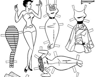 pinup girl paper doll set clothes printable clipart digital instant download coloring page muñequito