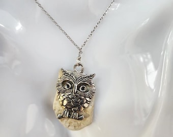 owl charm river stone pendant necklace silvertone chain hadmade jewelry