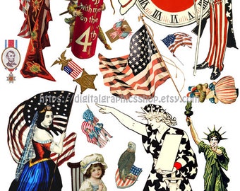 Vintage 4th of July art collage sheet cut outs posters postcards clipart fourth of July jpg pdf digital print download
