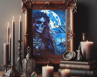 Ghost wandering graveyard horror original art, Skeleton woman markers drawing by Elizavella