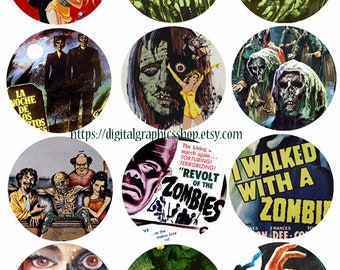 zombies undead 2.6" circles collage sheet printable ghouls digital download horror clipart vintage movie posters