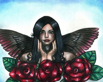 goth Angel woman black wings colored pencil drawing red roses fantasy original art