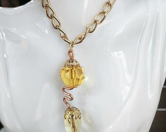 copper wire yellow crystal bead long NECKLACE gold chain handmade jewelry