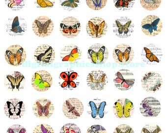 printable vintage art, butterfly, sheet music, postcards clipart, digital collage sheet , instant download, 1 inch circles, graphics images