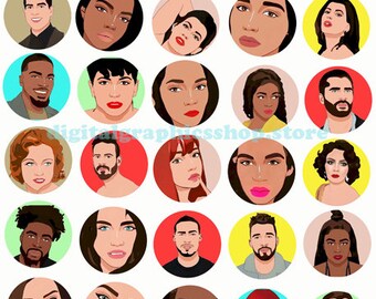 cartoon people men women faces clipart digital print instant download collage sheet 1.5 inch circles graphics images craft printables