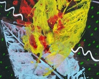 leaves lines abstract art aceo painting original artist cards miniature colorful artwork