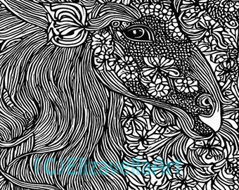 abstract flowers horse head  Printable Adult Coloring Page, clipart, Coloring book page for adults & kids Coloring sheet line art