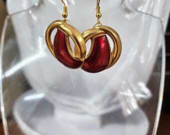 gold and red enamel earrings dangles handmade jewelry