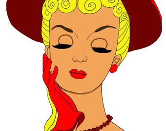 1930s fancy red hat lady printable art cartoon pinup girl face png jpg svg vector instant download clipart digital image