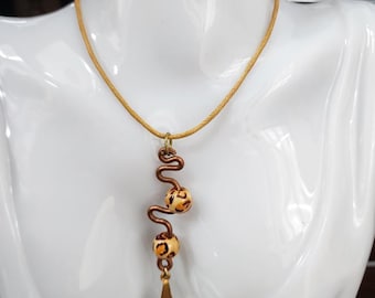 copper wire leopard beads gold leaf pendant NECKLACE cord handmade jewelry