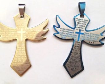 2 stainless steel metal cross pendants cross charms lords prayer 30x50mm blue gold jewelry making