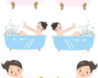 cute cartoon pinup girls in bubble bath collage sheet printable clipart digital download bathroom graphics images