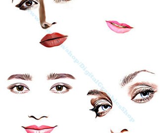 pinup girls womens faces collage sheet makeup printable art clipart png jpg download digital image woman eyes lips graphics diy