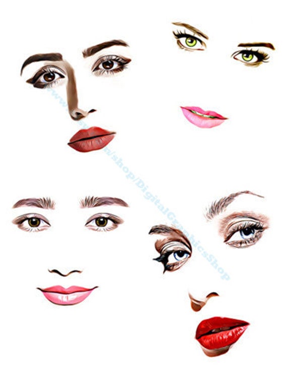 pinup girls womens faces collage sheet makeup printable art clipart png jpg download digital image woman eyes lips graphics diy
