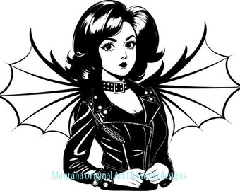 sexy Biker vampire woman bat wings clipart jpg png overlay printable wall art digital instant download Biker chick pinup goth art graphics