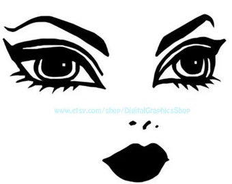 pretty doll face big eyes lips printable art clipart png jpg logo svg vector digital download muneca graphics design