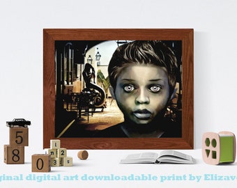 little werewolf black boy, original digital art print, new orleans, french quarter, instant download, horror, sci fi wall art