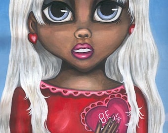 cute big eye STORMY black girl original art print, ethnic girl, big eye painting, low brow, artwork by Elizavella