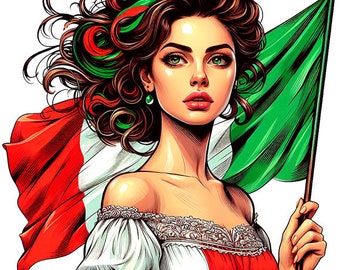 Italian woman Italy flag png clipart, jpg portrait cartoon art COLOR ILLUSTRATION digital print download