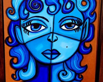 blue abstract woman painting on canvas board ORIGINAL art modern 11 x 14 inch