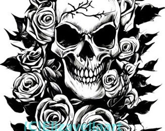 skull and roses png overlay, day of the dead png, mans skull png, transparent png clipart, instant digital download, printable tattoo art