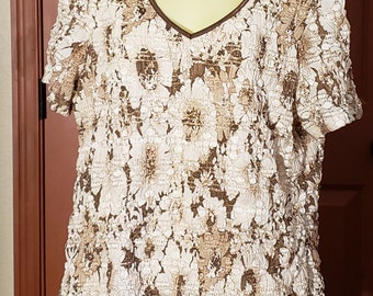 vintage brown floral lace top womens blouse sz Large shirt V neck short sleeves