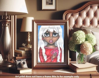 cute big eye STORMY black girl original art print, ethnic girl, big eye painting, low brow, artwork by Elizavella
