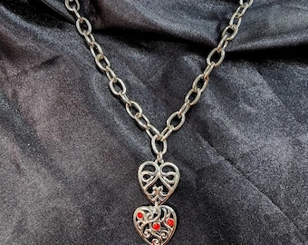 double filigree hearts red crystals pendants necklace silver chain handmade jewelry