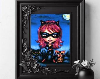 Cat woman big eye art drawing Kittens Superhero girl original art print